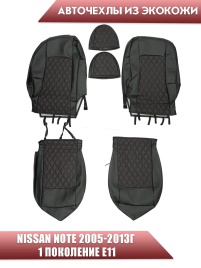 Авточехлы  Nissan Note Ниссан Нот 2005-2013г экокожа черная красная нить ромб   