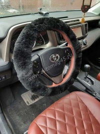 Оплетка  руля натуральный мех на коже короткий ворс мутон черный   