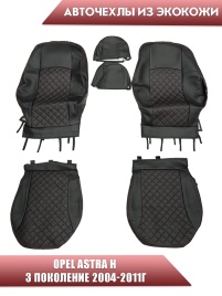 Авточехлы  Opel Astra H Опель Астра Н 2004-2011г экокожа черная красная нить ромб   