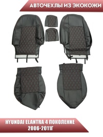 Авточехлы  Hyundai Elantra IV пок Хендай Элантра 4 пок 2006-2011г экокожа черная красная нить ромб  