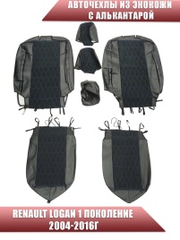 Авточехлы  Renault Logan Рено Логан 2004-2016г экокожа алькантара черная синяя нить соты   