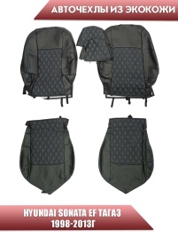 Авточехлы  Hyundai Sonata EF Хендай Соната Тагаз 1998-2013г экокожа черная синяя нить ромб   