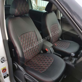 Авточехлы  Skoda Yeti Шкода Йети Skoda Roomster Румстер экокожа черная красная нить ромб   