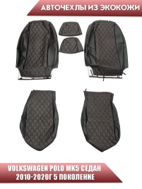 Авточехлы  Volkswagen Polo Фольцваген Поло седан 1/1 2010-2020г экокожа черная нить красн ромб Барс