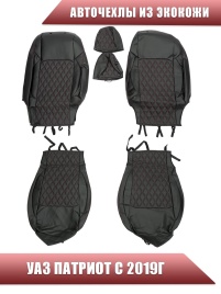 Авточехлы  УАЗ Patriot Патриот с 19г с увеличен.боковой поддержкой экокожа черный с красной нит ромб