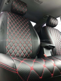 Авточехлы  Chevrolet Cruze Шевроле Круз экокожа черная красная нить ромб Барс    