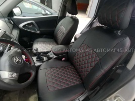 Авточехлы  Toyota RAV4 Тойота Рав4 2000-2006г Chery Tiggo 2005-2013г экокожа черная крас.нить ромб  