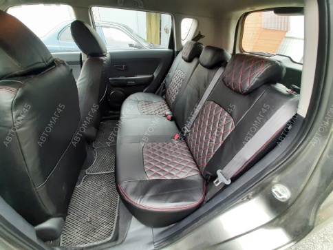 Авточехлы  Kia Soul Киа Соул 2018-2022г 3 поколение экокожа черная красная нить ромб    фото 4