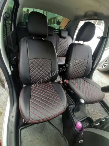 Авточехлы  Datsun Датсун 1/1 2/3 экокожа черная красная нить ромб    фото 5