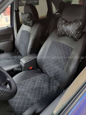 Авточехлы  Лада Granta Гранта  1/1 с 08.2018г экокожа алькантара черная с серой ниткой ромб  фото 9