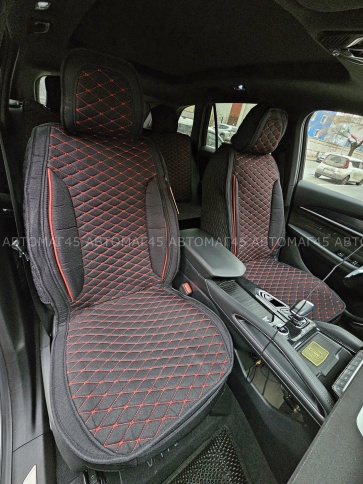 Чехлы  накидки на сиденье лен 2Д черный красная/оранжевая нитка комплект 5шт    фото 1