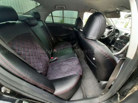 Авточехлы  Toyota Corolla Тойота Королла 2007-2013г кузов 150 экокожа алькант черная крас.нить ромб фото 3