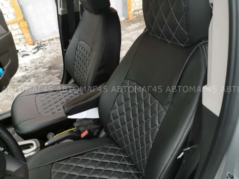 Авточехлы  Chevrolet Aveo Шевроле Авео 2пок 2012-2015г экокожа черная нить серая ромб     фото 1