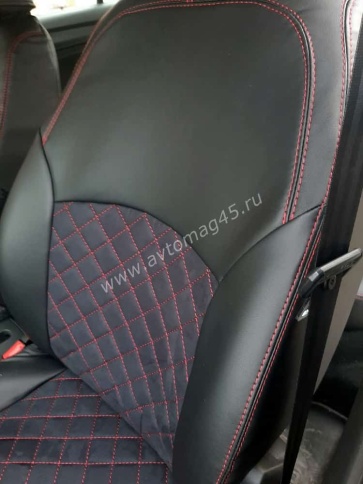 Авточехлы  Skoda Rapid с 2012г 2/3 Volkswagen Polo л/б с 2020г экокожа алькантара черная крас.н ромб фото 3