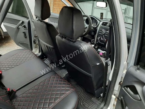 Авточехлы  Datsun Датсун 1/1 2/3 экокожа черная красная нить ромб    фото 11