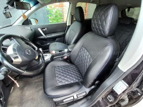 Авточехлы  Nissan Qashqai Ниссан Кашкай J10 2007-2014г экокожа черная синяя нить ромб    фото 1
