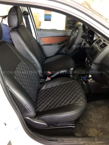 Авточехлы  Лада Granta Гранта до 08.2018г 1/1 2/3 экокожа черная с серой ниткой ромб    фото 1