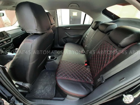 Авточехлы  Skoda Rapid Шкода Рапид 2012-2023г 1/1 экокожа черная красная нить ромб    фото 2