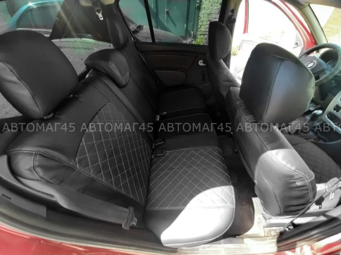 Авточехлы  Renault Logan Рено Логан 2004-2016г экокожа черная серая нить ромб    фото 7