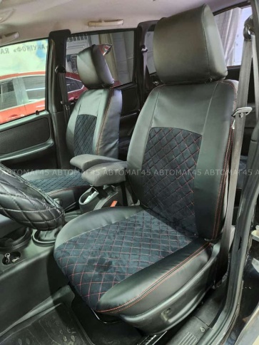 Авточехлы  Нива Шевроле 2014-2020г Niva Travel с 2020г экокожа алькантара черная с серой ниткой ромб фото 1