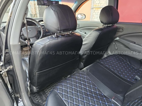 Авточехлы  Nissan Almera classic Ниссан Альмера классик 2006-2013г экокожа черный ромб синяя нить    фото 4