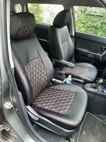 Авточехлы  Kia Soul Киа Соул 2008-2014г 1 поколение экокожа черная красная нить ромб фото 8