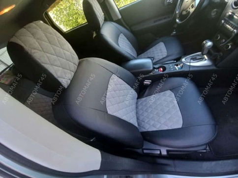 Авточехлы  Nissan Qashqai Ниссан Кашкай J10 2007-2014г экокожа алькантара черная серая нить ромб    фото 3