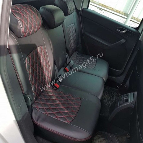 Авточехлы  Skoda Yeti Шкода Йети Skoda Roomster Румстер экокожа черная красная нить ромб    фото 2