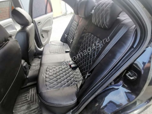 Авточехлы  Nissan Almera Ниссан Альмера 2000-2006г кузов N16 2/3 экокожа черная серая нить ромб    фото 3