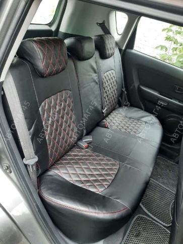 Авточехлы  Kia Soul Киа Соул 2008-2014г 1 поколение экокожа черная красная нить ромб фото 9