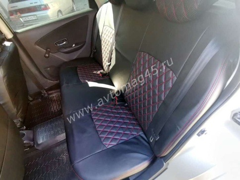 Авточехлы  Nissan Almera Ниссан Альмера 2013-2019г 2/3 экокожа черная красная нить ромб    фото 2