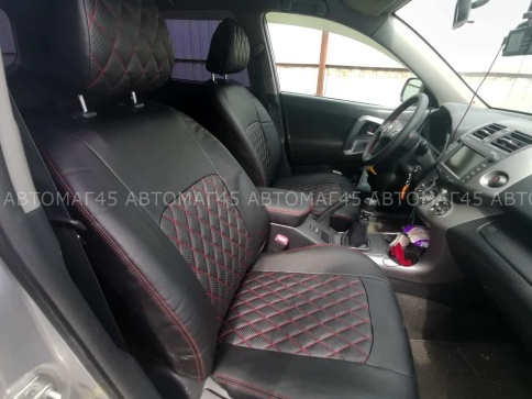 Авточехлы  Toyota RAV4 Тойота Рав4 2000-2006г Chery Tiggo 2005-2013г экокожа черная крас.нить ромб   фото 5