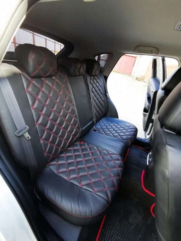 Авточехлы  Mazda CX-5 Мазда СХ-5 низ 3/3 верх 3/3 экокожа черная красная нить ромб    фото 13