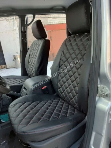 Авточехлы  УАЗ Patriot Патриот до 2014г экокожа черный с красной ниткой ромб    фото 6