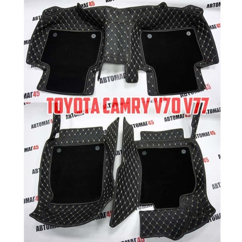 Ковры  5D экокожа Toyota Camry V70 c 2018г черный с бежевой ниткой+ворс комплект АКЦИЯ!  фото 1