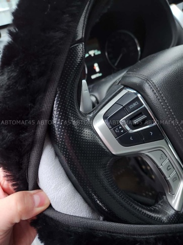 Оплетка  руля натуральный мех на коже короткий ворс мутон черный    фото 7