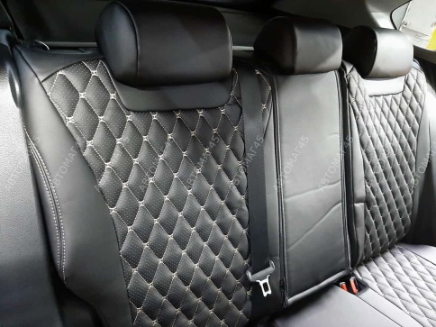 Авточехлы  Toyota Land Cruiser Prado 2017-2022г кузов J150 экокожа черная бежевая нить ромб Maximal фото 3