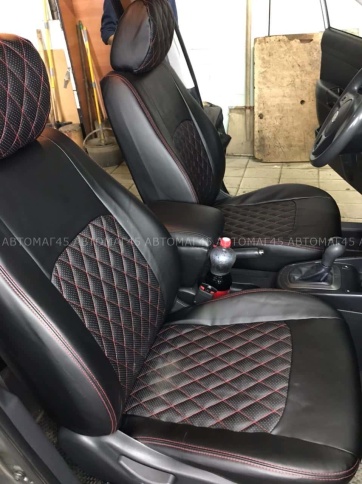 Авточехлы  Kia Soul Киа Соул 2014-2019г 2 поколение экокожа черная бежевая нить ромб    фото 1