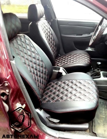 Авточехлы  Daewoo Nexia Дэу Нексиа 1994-2008г экокожа черная красная нить ромб   фото 3