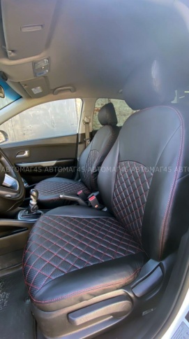 Авточехлы  Kia Rio Киа Рио 2011-2017г Hyundai Solaris 2011-2017г экокожа черная красная нить ромб    фото 1
