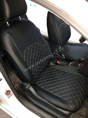 Авточехлы  Volkswagen Polo Фольцваген Поло седан 2/3 2010-2020г экокожа черная нить серая Ромб    фото 1