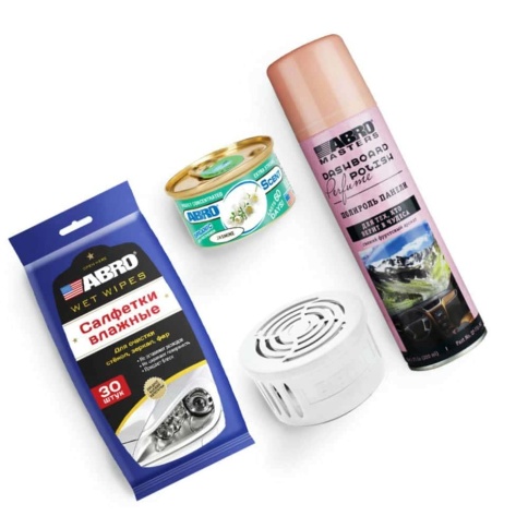 Abro Подарочный набор универсальный (полироль пластика,вл.салфетки,ароматизатор,микрофибра) фото 2