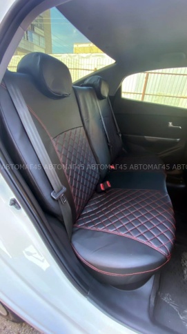 Авточехлы  Kia Rio Киа Рио 2011-2017г Hyundai Solaris 2011-2017г экокожа черная красная нить ромб    фото 2
