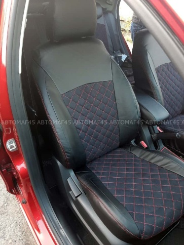 Авточехлы  Lada Vesta Лада Веста седан SW SW Cross экокожа алькантара черная с красной ниткой ромб   фото 1