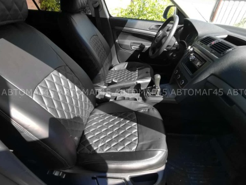 Авточехлы  Skoda Octavia A5 Шкода Октавиа А5 2008-2013г 2/3 экокожа черная бежевая нить ромб    фото 4