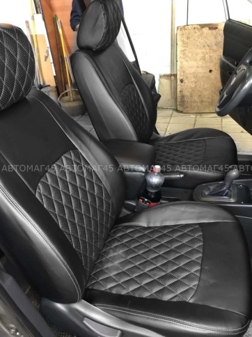 Авточехлы  Kia Soul Киа Соул 2014-2019г 2 поколение экокожа черная нить серая ромб    фото 1