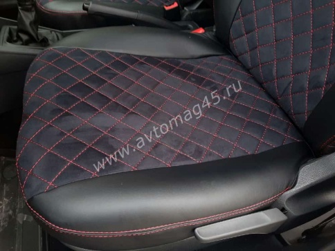 Авточехлы  Skoda Rapid с 2012г 2/3 Volkswagen Polo л/б с 2020г экокожа алькантара черная крас.н ромб фото 8