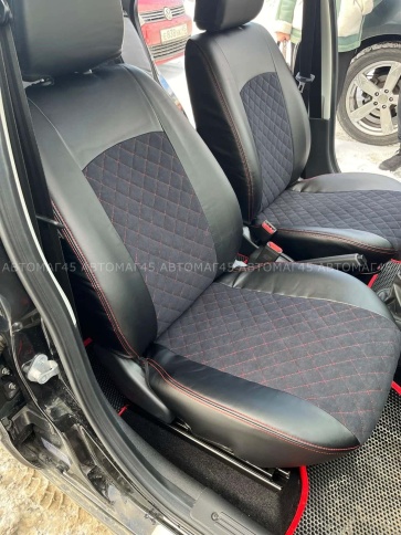 Авточехлы  Лада Granta Гранта  1/1 с 08.2018г экокожа алькантара черная с красной ниткой ромб фото 6