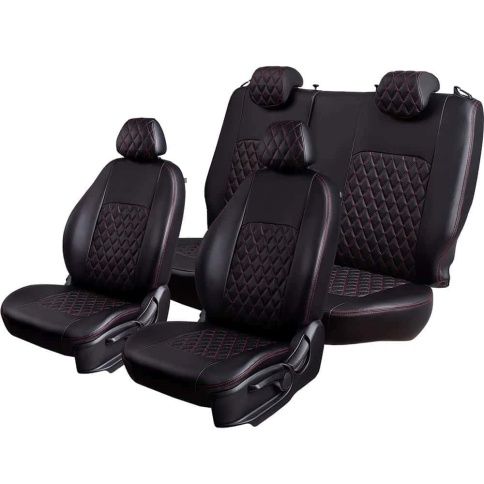 Авточехлы  Nissan Juke Ниссан Жук 2011-2020г экокожа черная красная нить ромб    фото 5