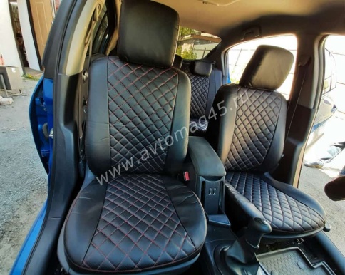 Авточехлы  Renault Megane 2 Рено Меган 2 2002-2009г 2/3 экокожа черная красная нить ромб    фото 4